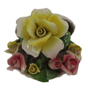 Nuova Capodimonte Yellow Pink Rose Flower Seashell Shell Statue Figurine Italy